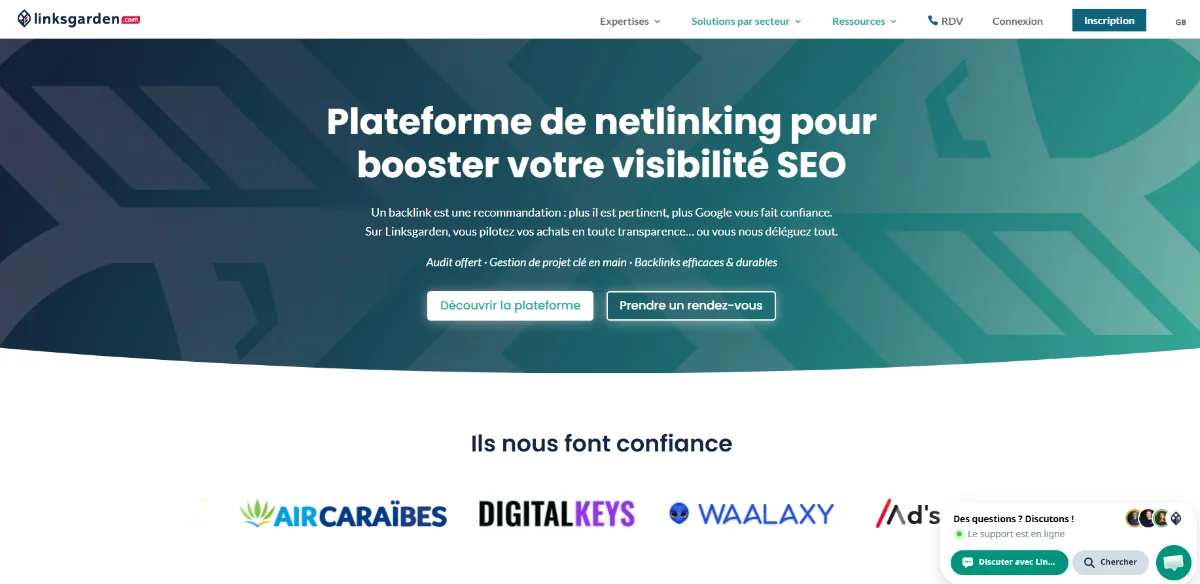 Interface de la plateforme Linksgarden