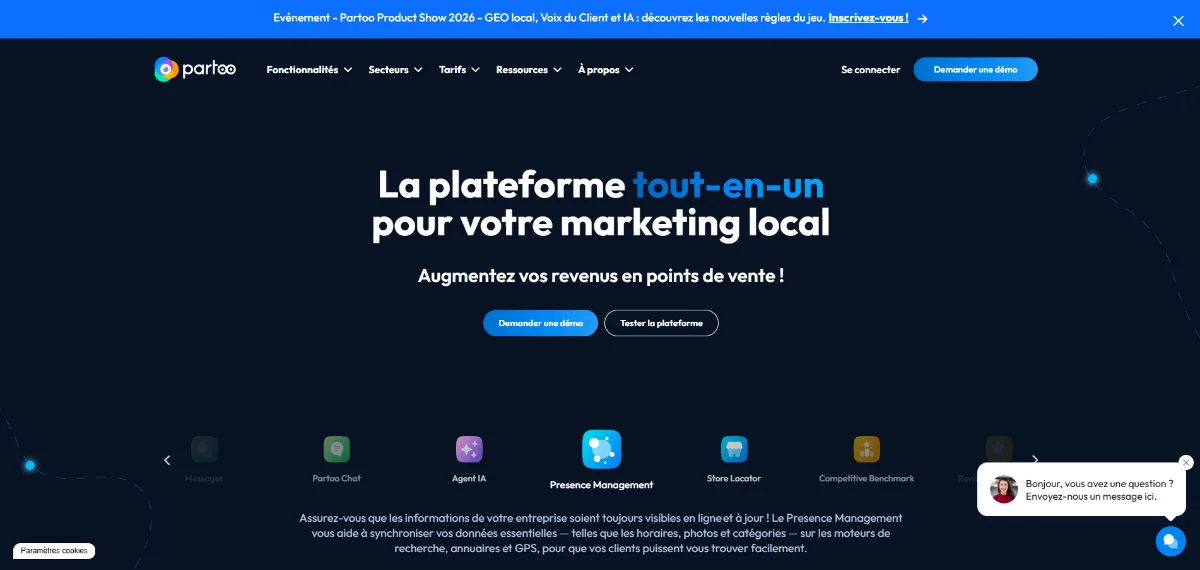 Interface de Partoo pour gestion des avis et visibilité locale