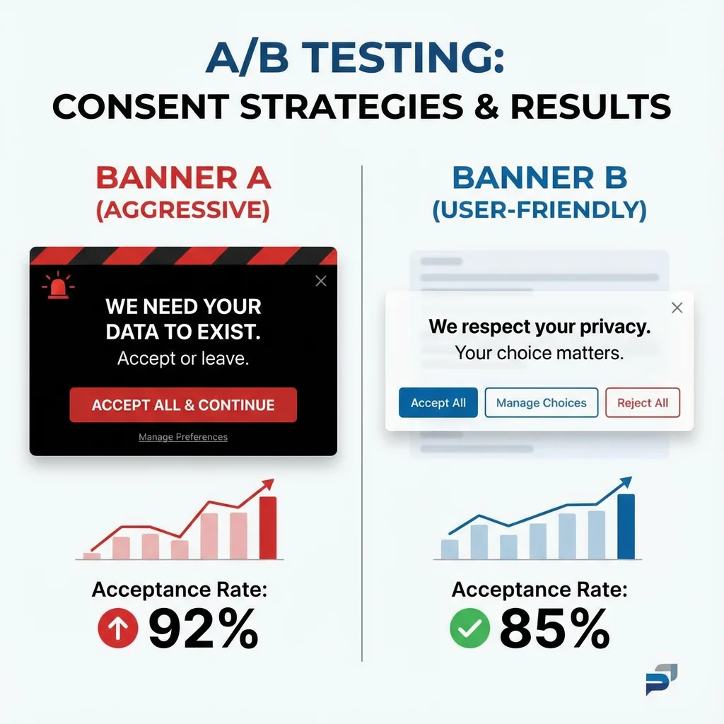 [image : A/B testing de deux bannières de consentement côte à côte, une agressive et une user-friendly, avec pourcentages de taux d'acceptation, style présentation marketing]