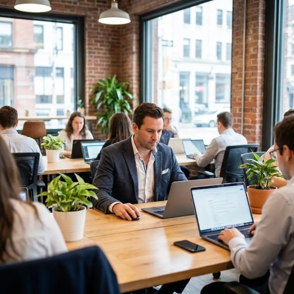 [image : agent commercial consultant son ordinateur dans un espace de coworking moderne]