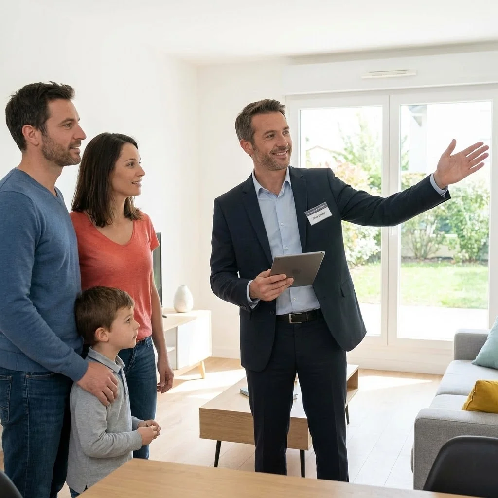 [image : agent commercial immobilier présentant un bien à des clients]