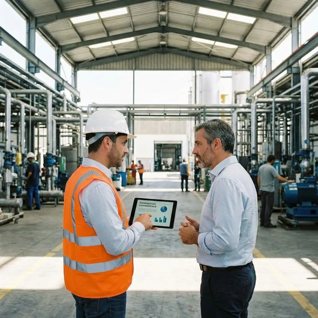[image : Agent visitant un site industriel, tablette en main présentant une offre à un responsable, environnement professionnel, lumière naturelle]