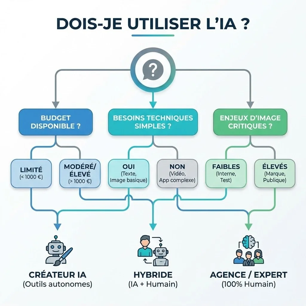 [image : Arbre de décision visuel "Dois-je utiliser l'IA ?" - branches selon budget, besoins techniques, enjeux d'image, aboutissant à recommandations créateur IA / hybride / agence, design moderne flowchart]
