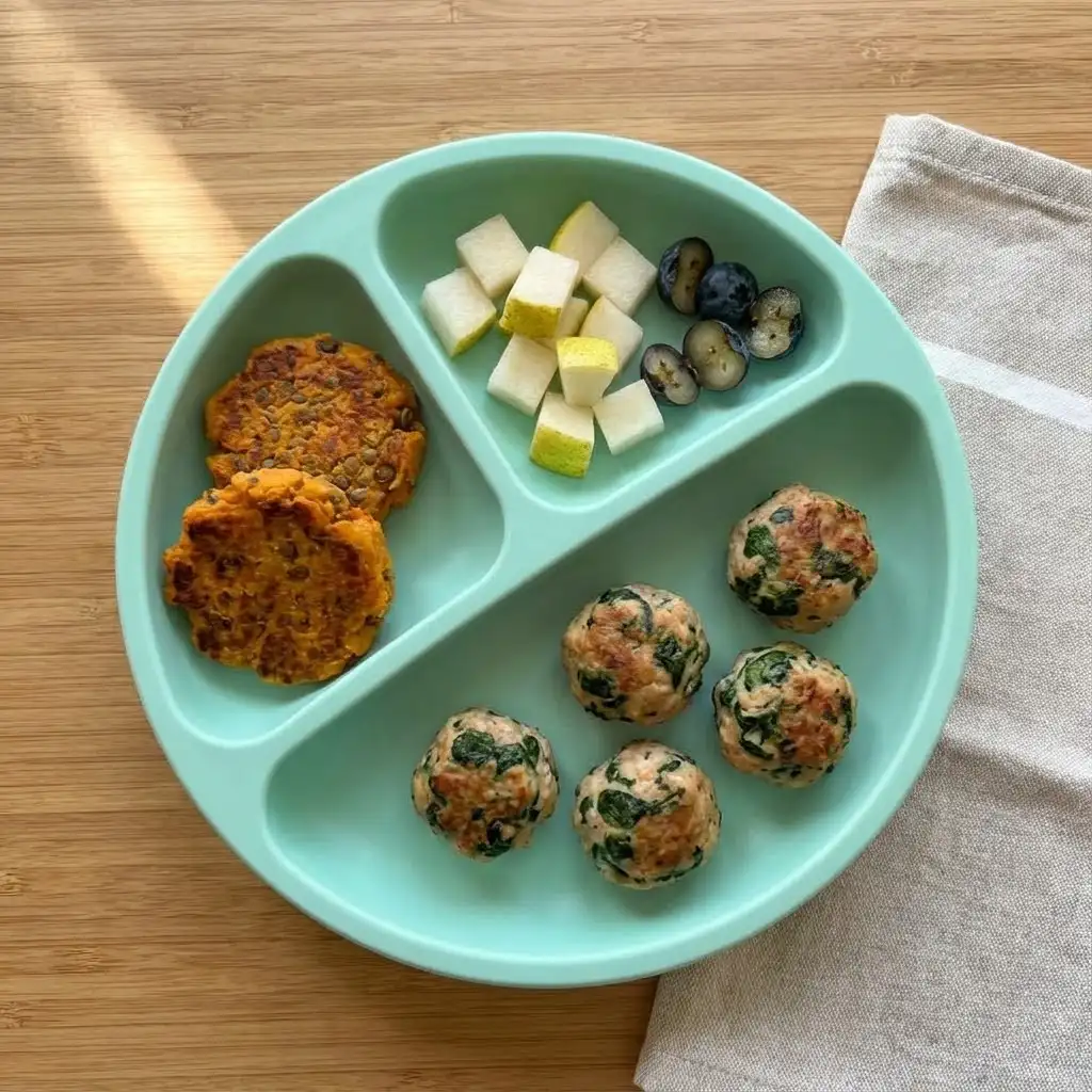 Assiette compartimentée avec galettes maison, boulettes moelleuses et petits morceaux de fruits, présentation adaptée à un petit de 8 mois