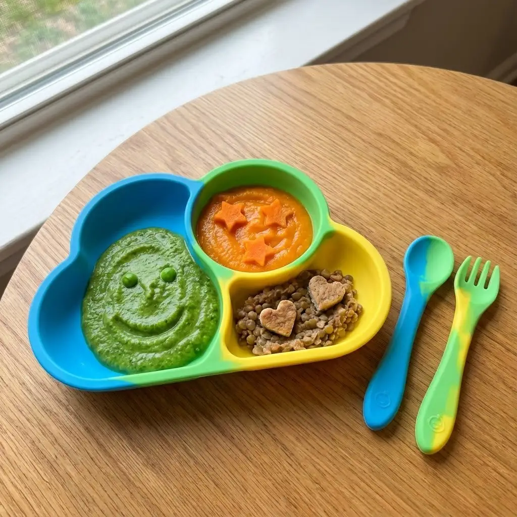 Assiette compartimentée colorée avec différentes purées : légumes verts, féculents orangés, portion de protéine. Présentation ludique. Vaisselle en silicone adaptée pour bébé.