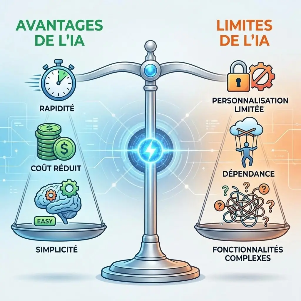 [image : Balance visuelle comparant avantages et limites de l'IA - côté gauche icônes rapidité/coût/simplicité, côté droit icônes personnalisation limitée/dépendance/fonctionnalités complexes, style infographique équilibré]