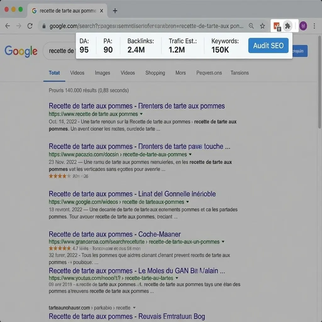 [image : Barre d'extension SEO Chrome affichant les métriques d'une page web, superposée sur un navigateur avec résultats de recherche Google]
