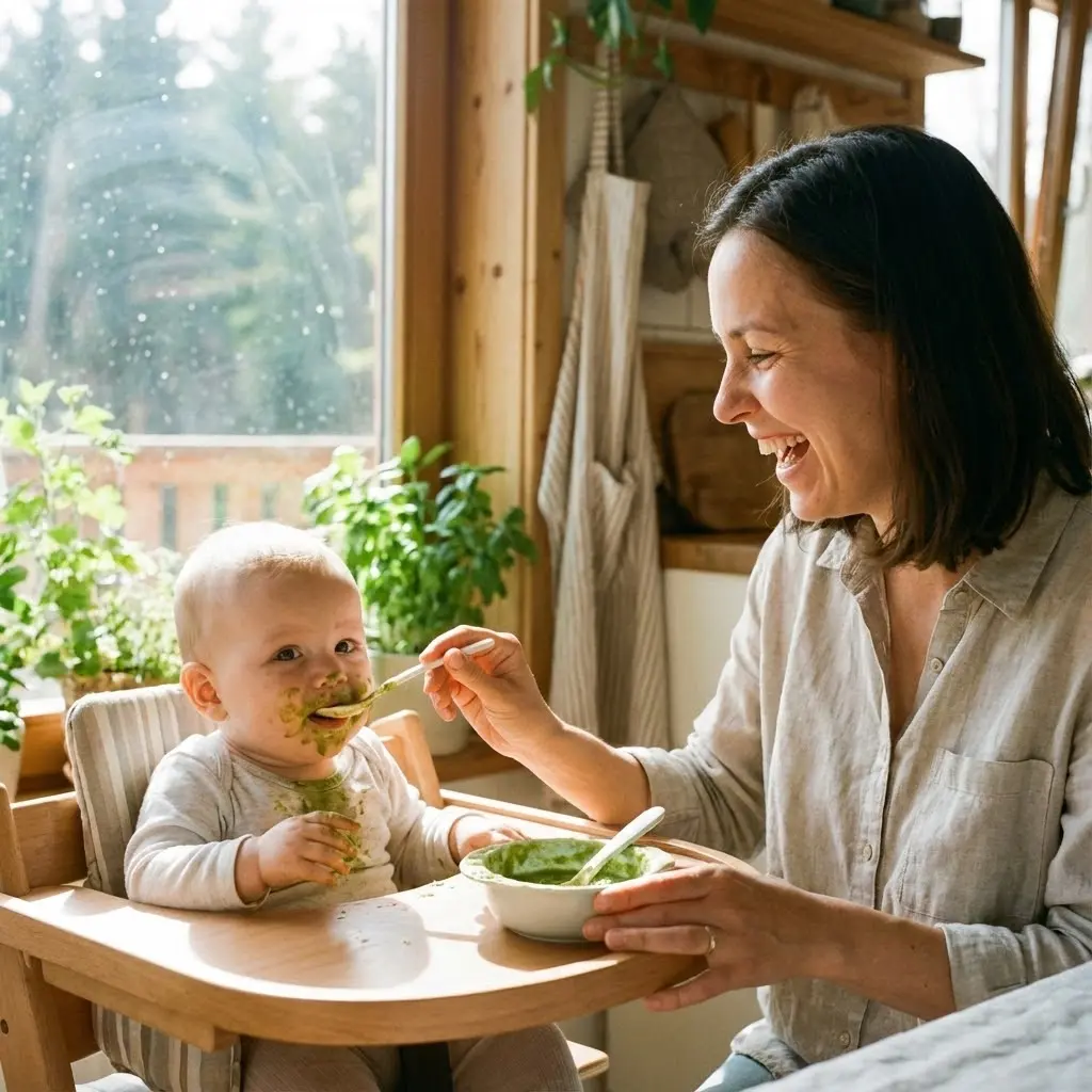Bébé 6 mois mangeant sa première purée, maman qui donné la cuillère, scène lumineuse et naturelle
