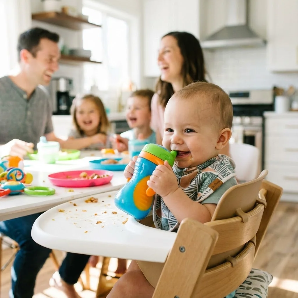 Bébé de 6 mois souriant tenant une tasse à bec ergonomique colorée. Chaise haute moderne, bavette stylée, ambiance joyeuse du repas. Style lifestyle familial lumineux.