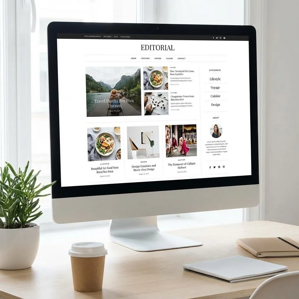 [image : Blog affiché sur écran d'ordinateur, design éditorial soigné, articles avec images, sidebar avec catégories, style moderne et épuré]