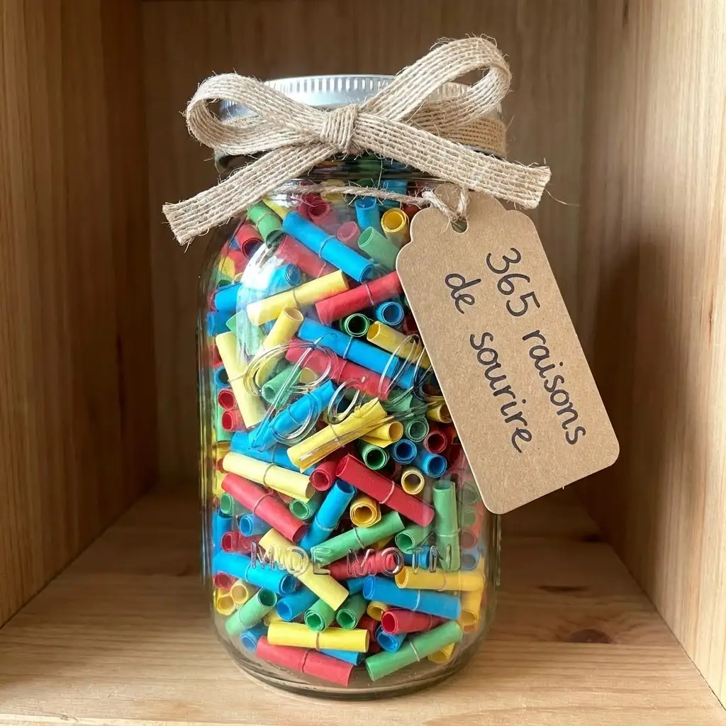 Bocal en verre transparent rempli de petits papiers colorés roulés, ruban autour du couvercle, étiquette "365 raisons de sourire"