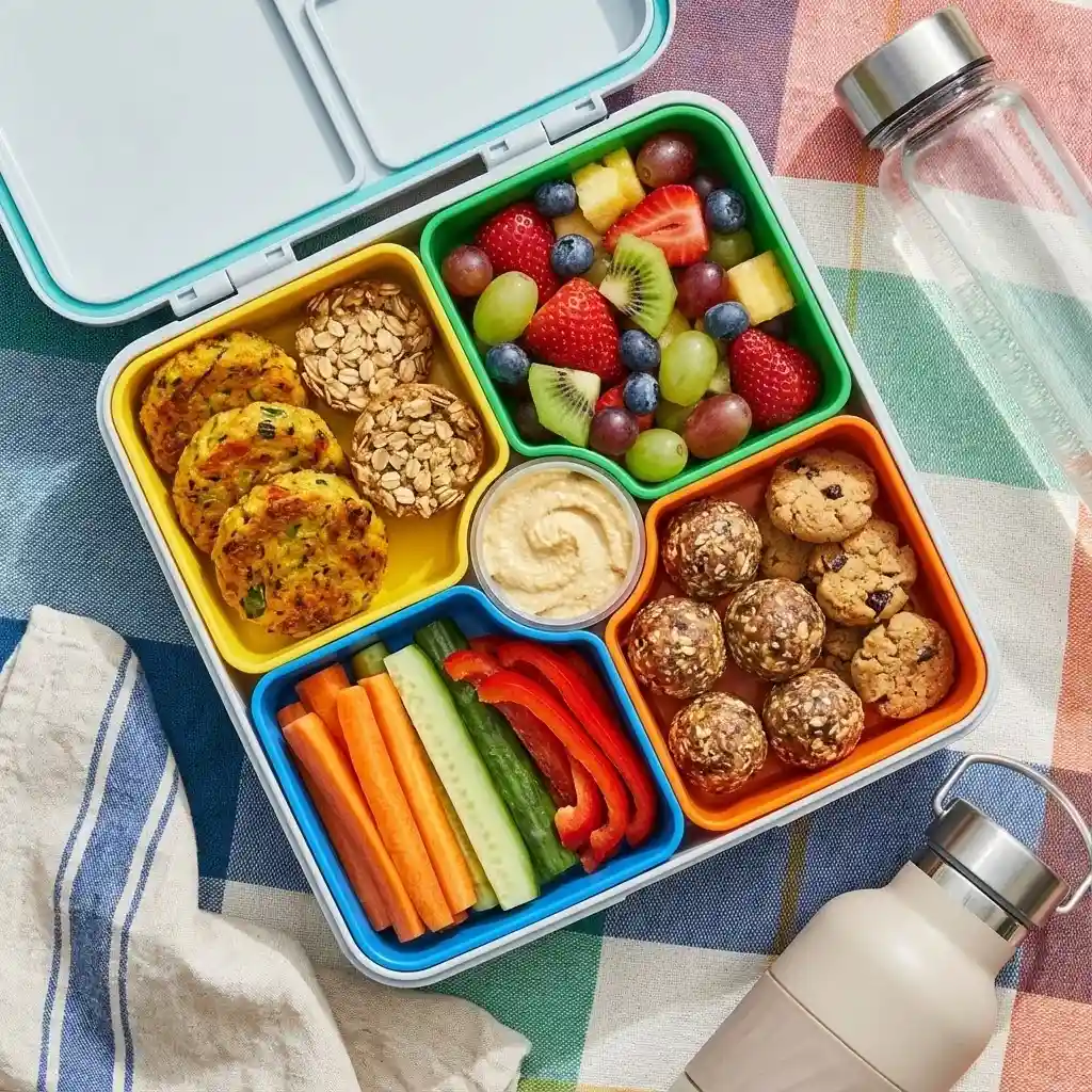 Boîte à lunch ouverte contenant des morceaux prêts pour une sortie - galettes, fruits, bâtonnets dans des compartiments colorés