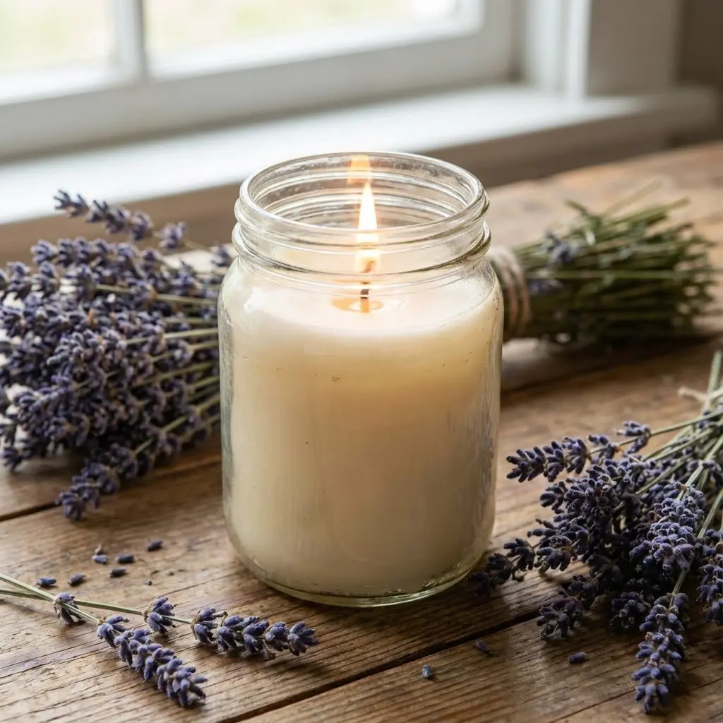 Bougie artisanale dans un pot en verre vintage, cire couleur crème, mèche allumée avec une flamme douce, entourée de brins de lavande séchée