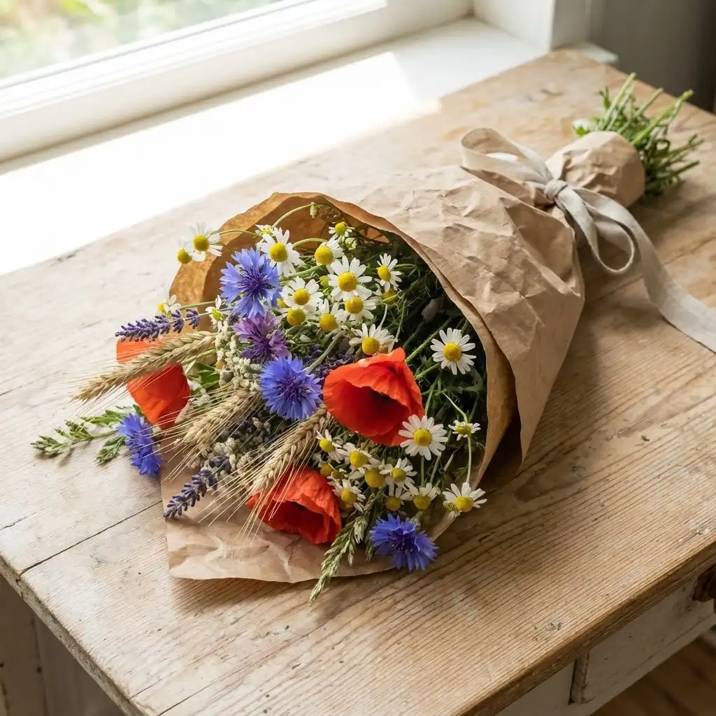 Bouquet champêtre fait maison avec fleurs de saison variées, emballé dans du papier kraft et un ruban en lin, posé sur une table en bois clair
