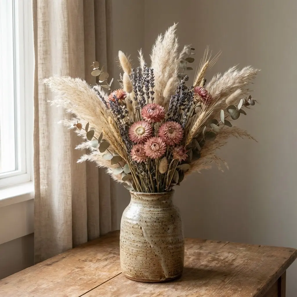 Bouquet de fleurs séchées aux tons naturels (beige, rose poudré, lavande) dans un vase en céramique artisanal, lumière douce naturelle