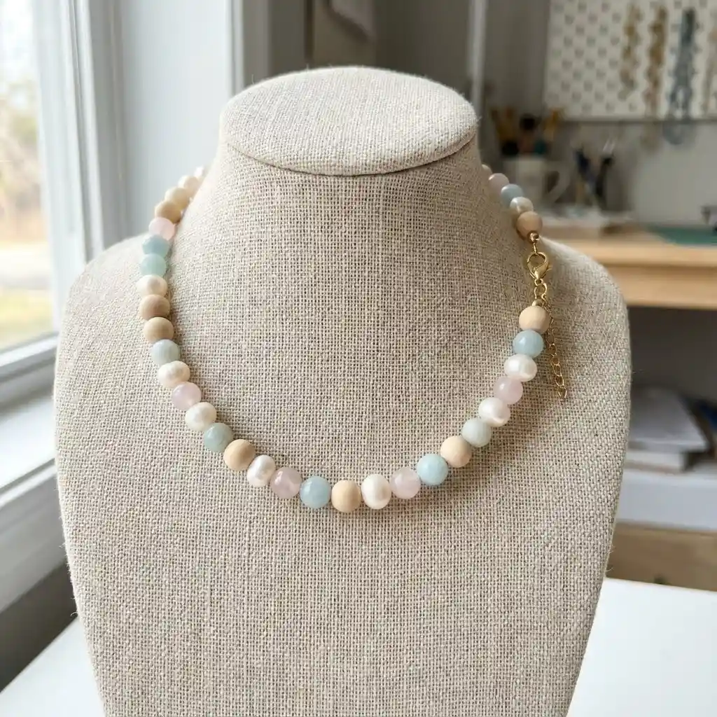 Bracelet de perles fait main aux couleurs douces, fermoir délicat, posé sur un présentoir en lin naturel