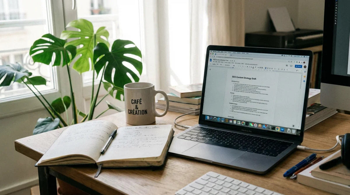[image : Bureau de rédacteur web avec ordinateur affichant un document texte, bloc-notes, tasse de café, plante verte, ambiance lumineuse et productive, style photo réaliste légèrement désaturée]