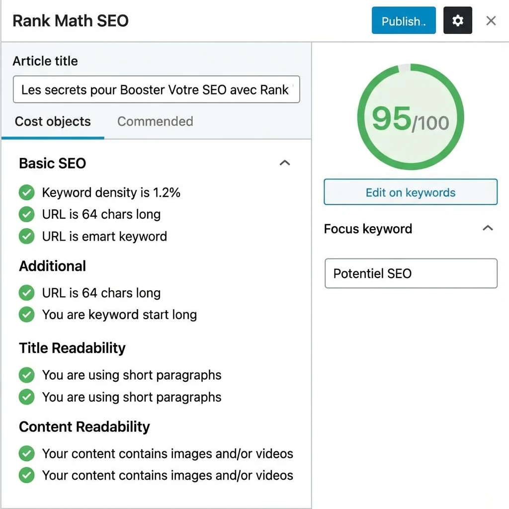 [image : Capture d'écran de l'interface Rank Math montrant l'analyse SEO d'un article avec le score et les recommandations]