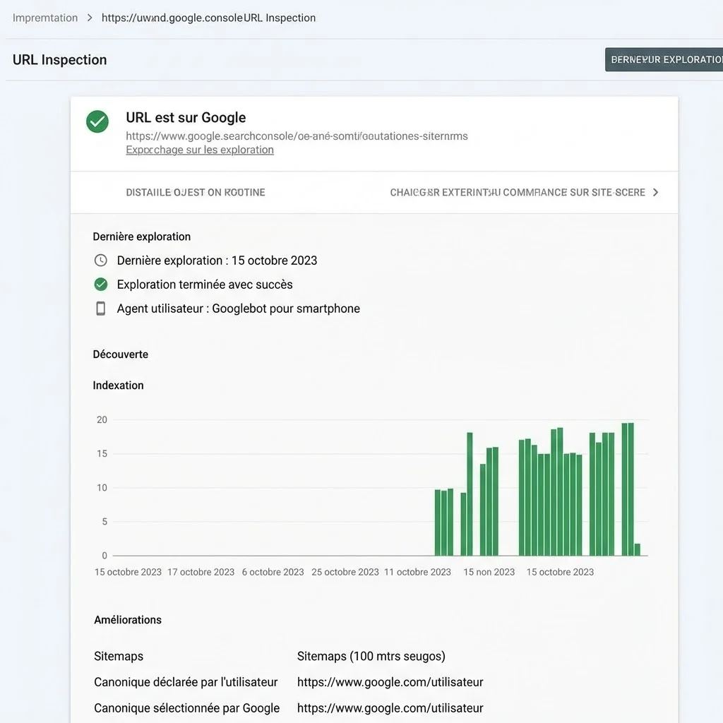 [image : Capture d'écran de l'outil d'inspection d'URL dans Google Search Console montrant le statut d'indexation, la dernière date de crawl et les détails techniques, interface claire sur fond blanc]