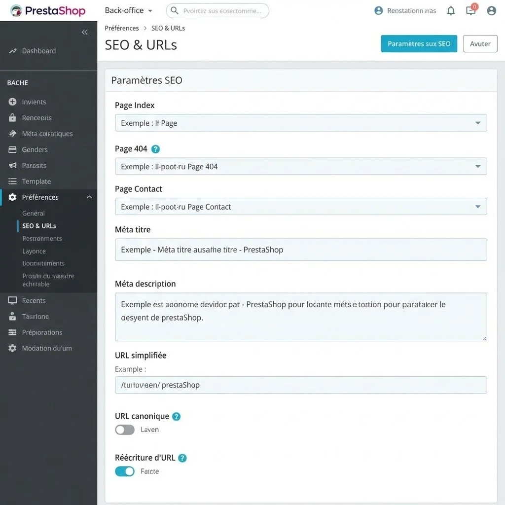 [image : capture d'écran du back-office PrestaShop montrant les paramètres SEO]
