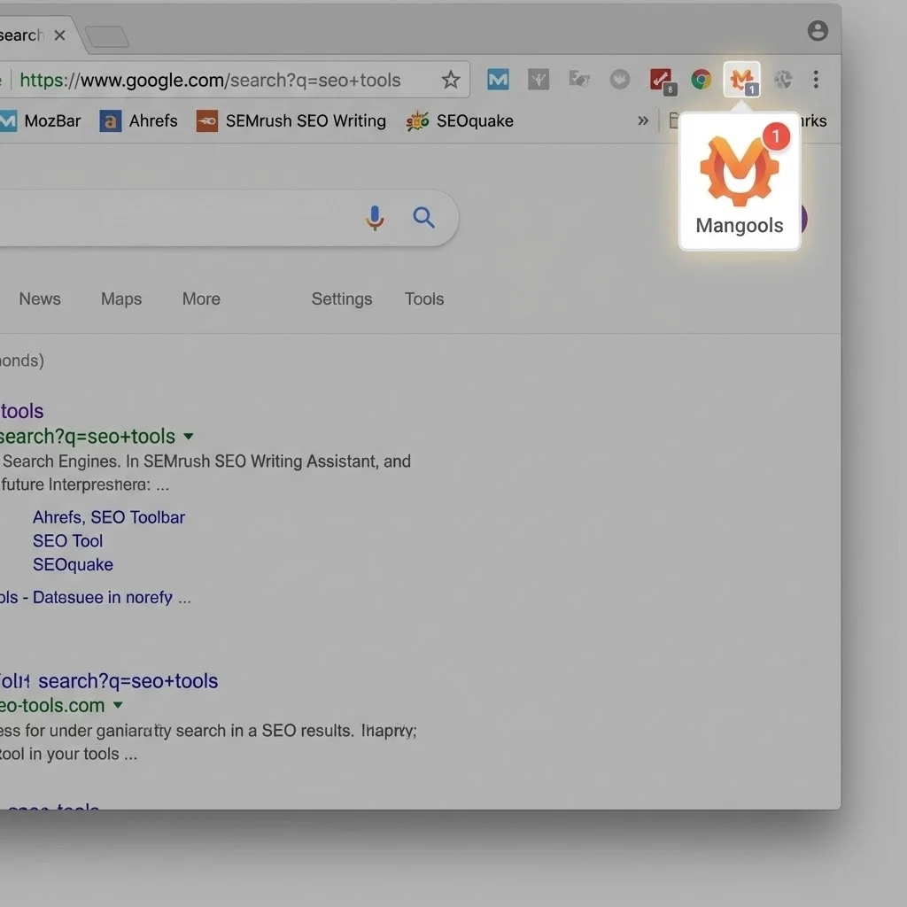 [image : Capture d'écran montrant plusieurs extensions SEO installées dans Chrome, avec un focus sur l'icône Mangools orange]