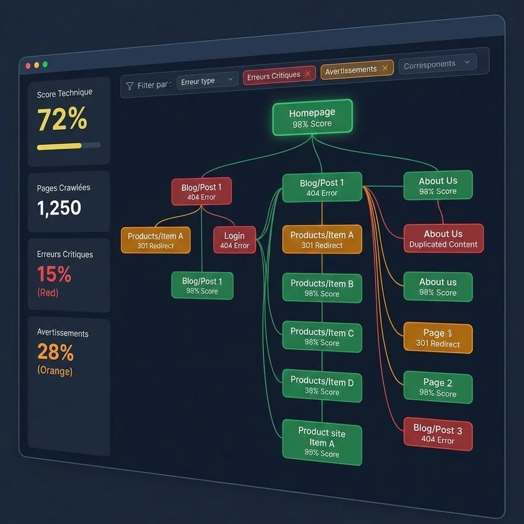 [image : Capture d'écran stylisée d'un rapport d'audit technique SEO montrant une arborescence de site avec codes couleur (vert/orange/rouge) pour les erreurs - style data visualization moderne]