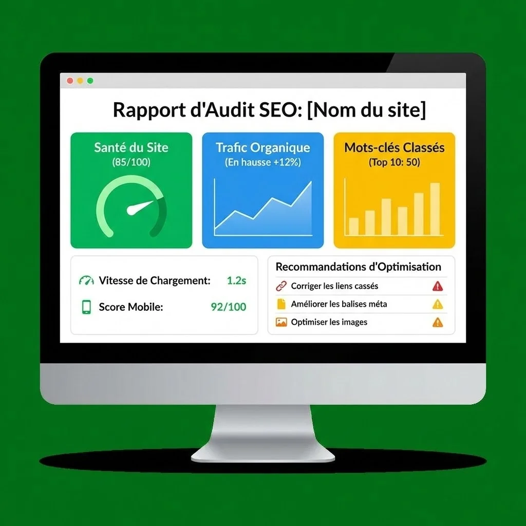 [image : capture d'écran stylisée d'un rapport d'audit SEO montrant des métriques clés avec des graphiques colorés, indicateurs de performance et recommandations d'optimisation]