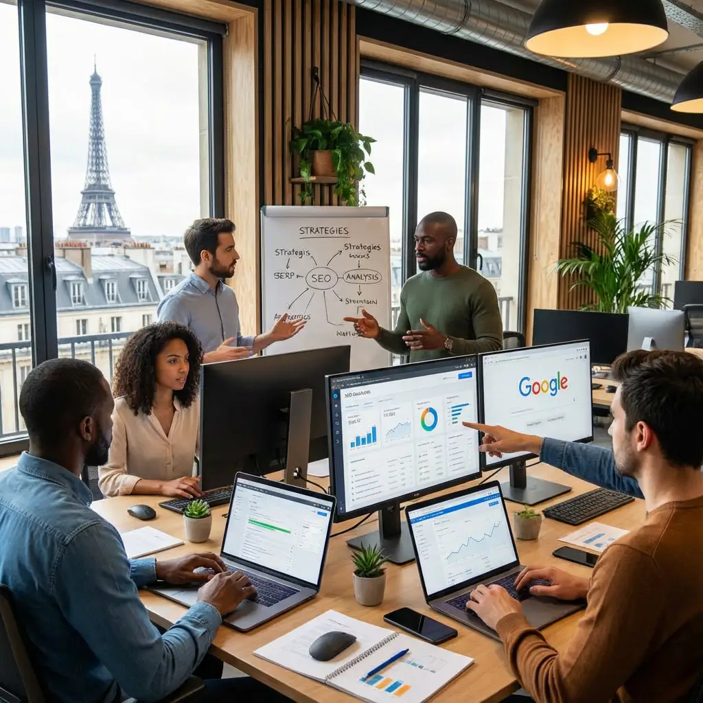 [image : Capture d'écran stylisée d'un tableau de bord montrant une courbe de croissance du audience organique sur 12 mois, graphiques professionnels avec indicateurs de positionnement]