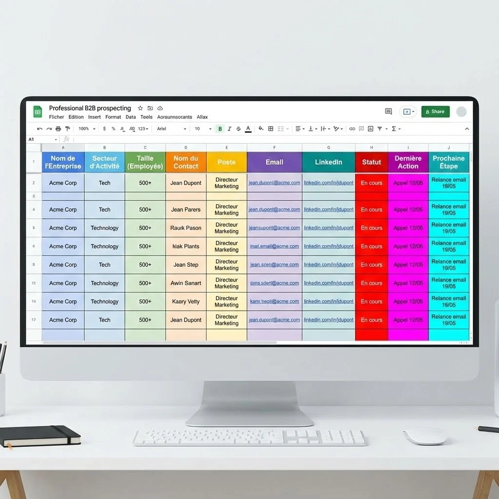[image : Capture d'écran stylisée d'un tableur avec colonnes organisées pour fichier de prospection B2B, en-têtes colorés, style professionnel]