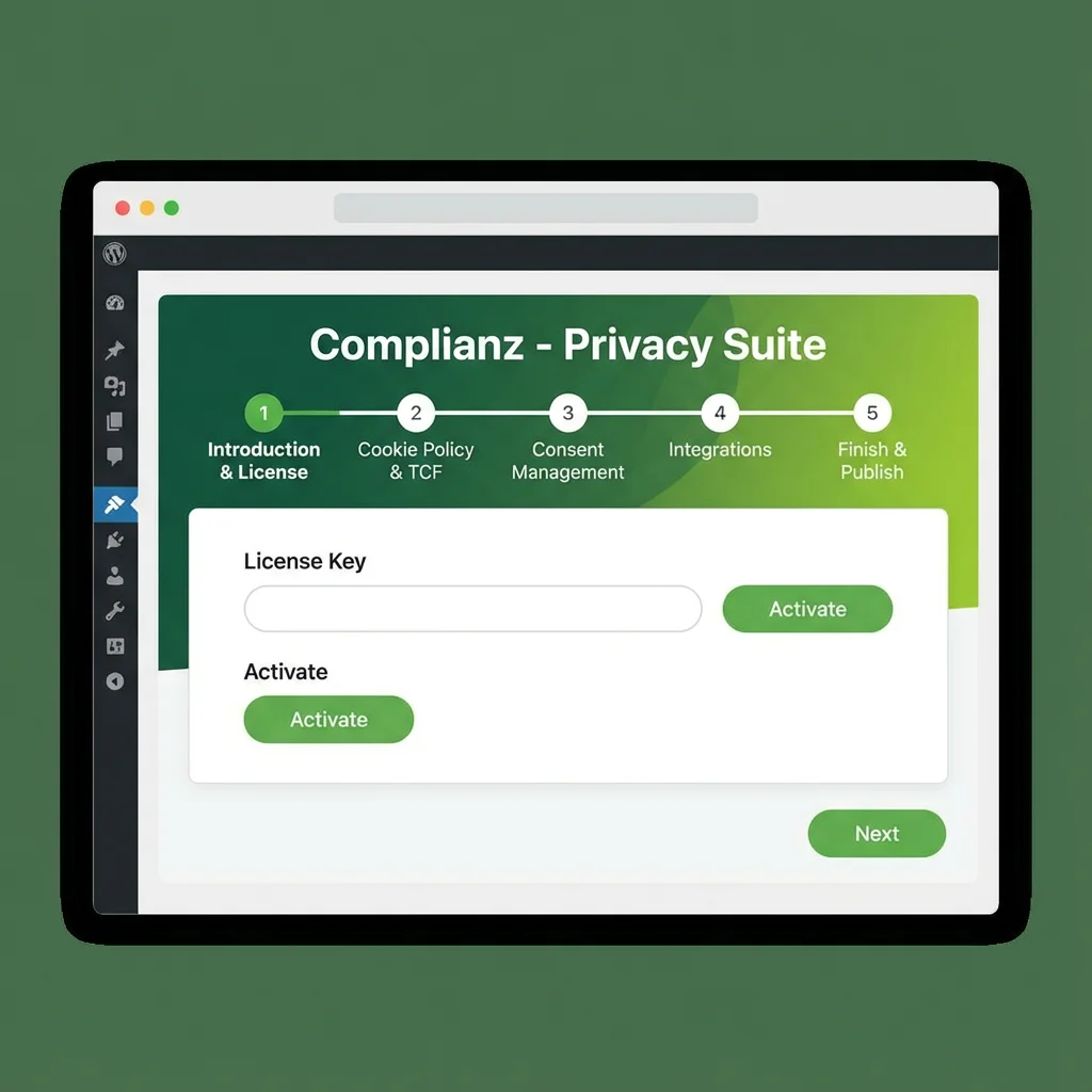 [image : Capture d'écran stylisée de l'interface Complianz dans WordPress, montrant le wizard de configuration avec étapes numérotées, design moderne aux couleurs vertes]