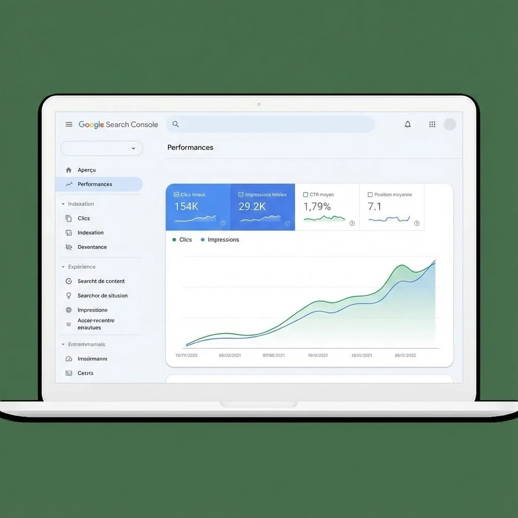 [image : Capture d'écran stylisée de l'interface Google Search Console montrant des graphiques de performance, courbes de clics et impressions, design moderne]