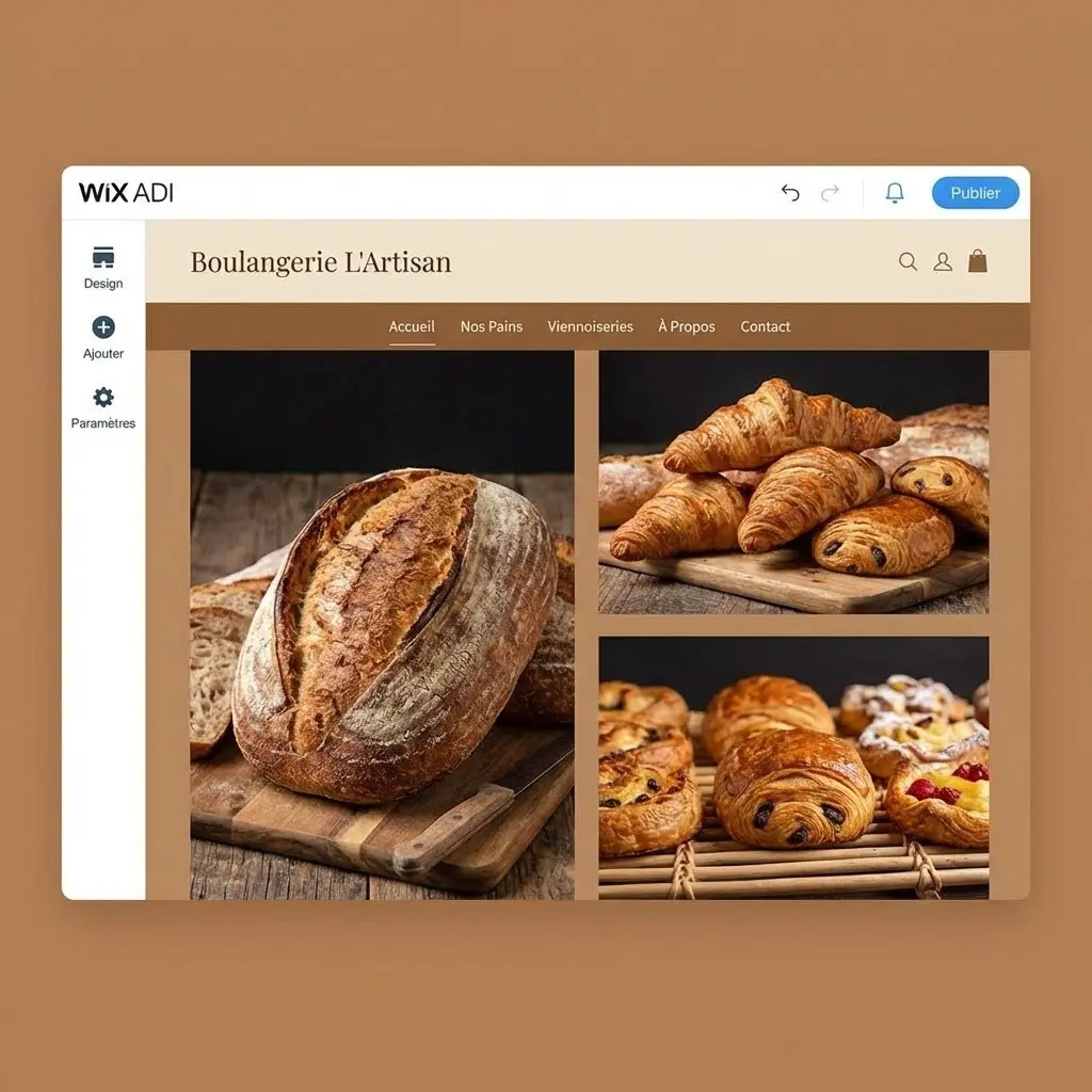 [image : Capture d'écran stylisée de l'interface Wix ADI montrant un site de boulangerie artisanale généré automatiquement, design chaleureux tons terre, photos de pains et viennoiseries, navigation claire]