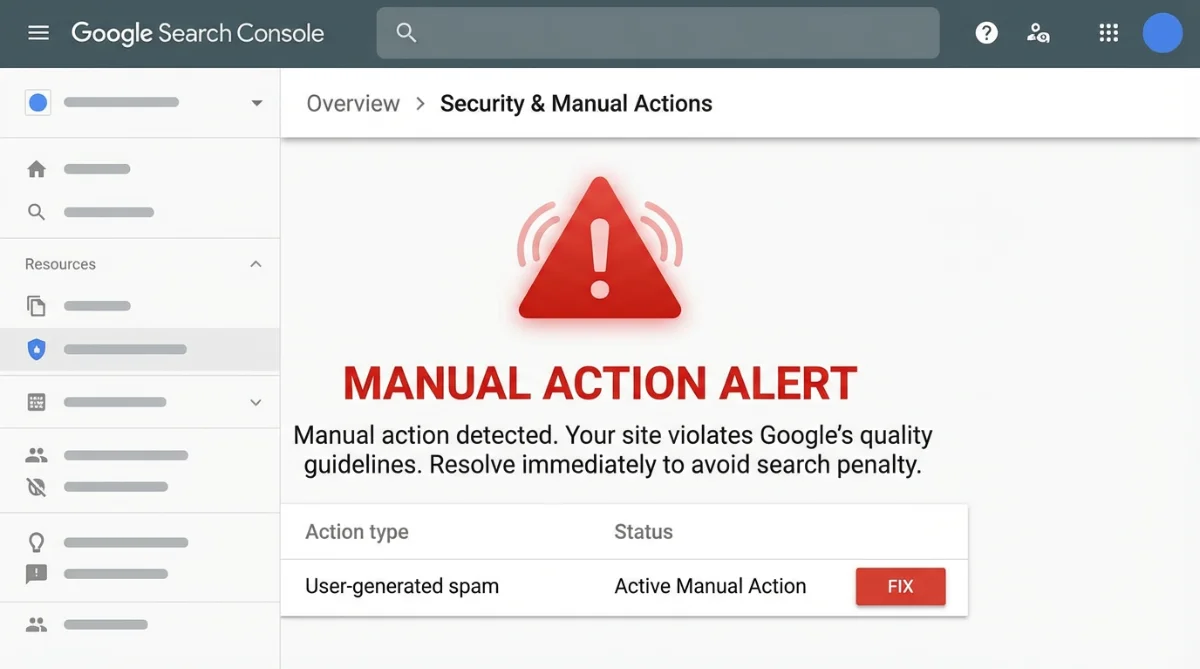 [image : Capture d'écran stylisée de la Google Search Console montrant une notification d'action manuelle avec un pictogramme d'alerte rouge]