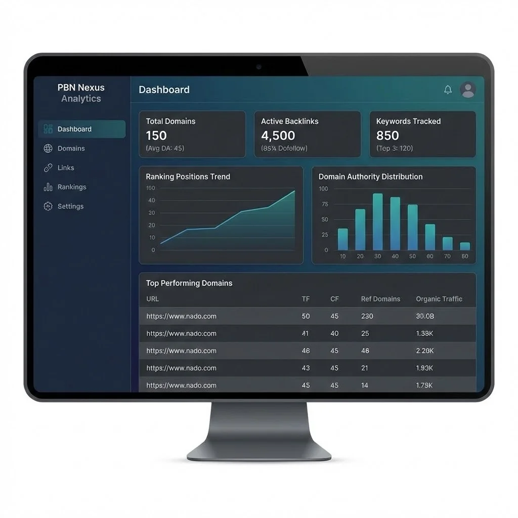 [image : Capture d'écran stylisée montrant un tableau de bord fictif de gestion de PBN avec des métriques de domaines, liens et positionnement, interface moderne et épurée]