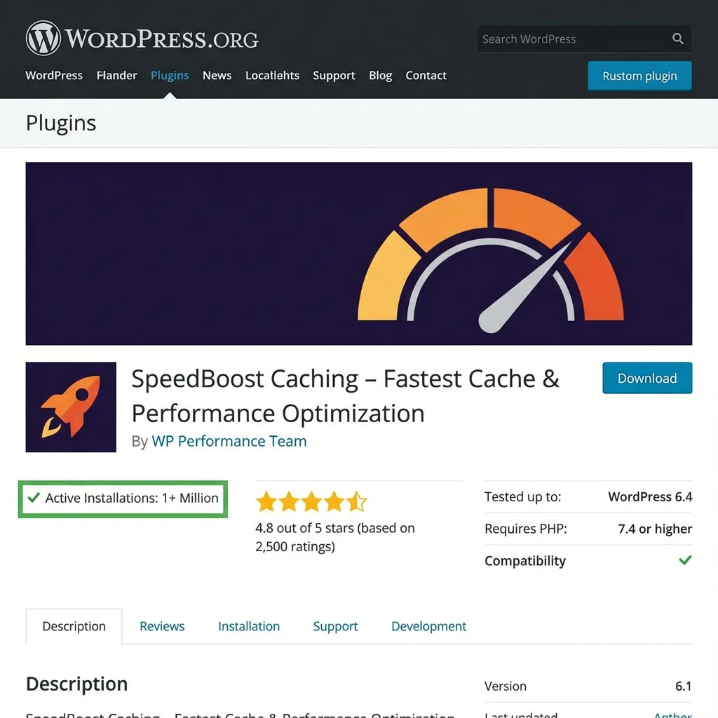 [image : Capture de la page d'un plugin en ligne.org montrant les indicateurs clés : installations, note, compatibilité]
