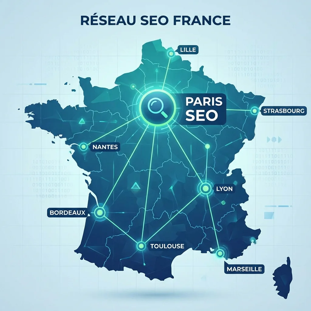 [image : Carte de France stylisée montrant les principales villes avec présence de prestataires SEO (Paris, Lyon, Marseille, Lille), design moderne]