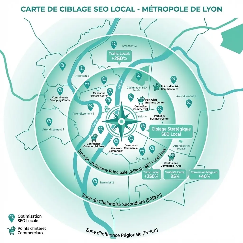 [image : carte de Lyon avec des marqueurs de localisation et des rayons de ciblage SEO local, zones de chalandise et points d'intérêt commerciaux mis en évidence]