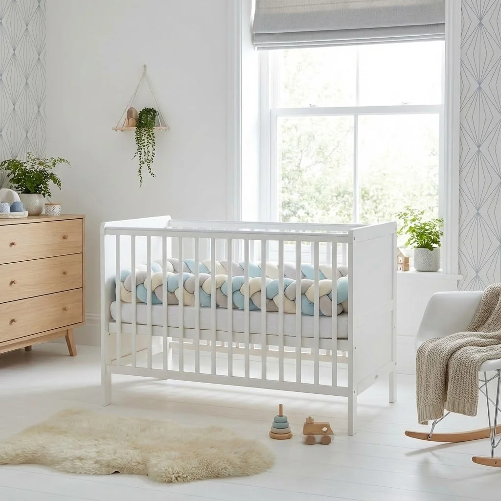 Chambre bébé style scandinave avec un lit à barreaux blanc orné d'une tresse de lit tricolore, lumière naturelle
