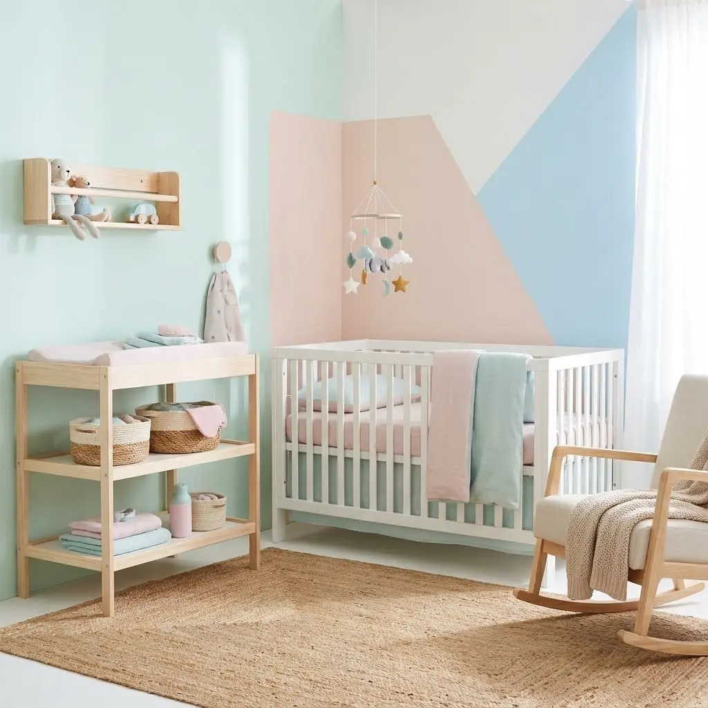 Chambre de bébé douce aux couleurs pastel avec lit à barreaux blanc, table à langer en bois clair, mobilier minimaliste