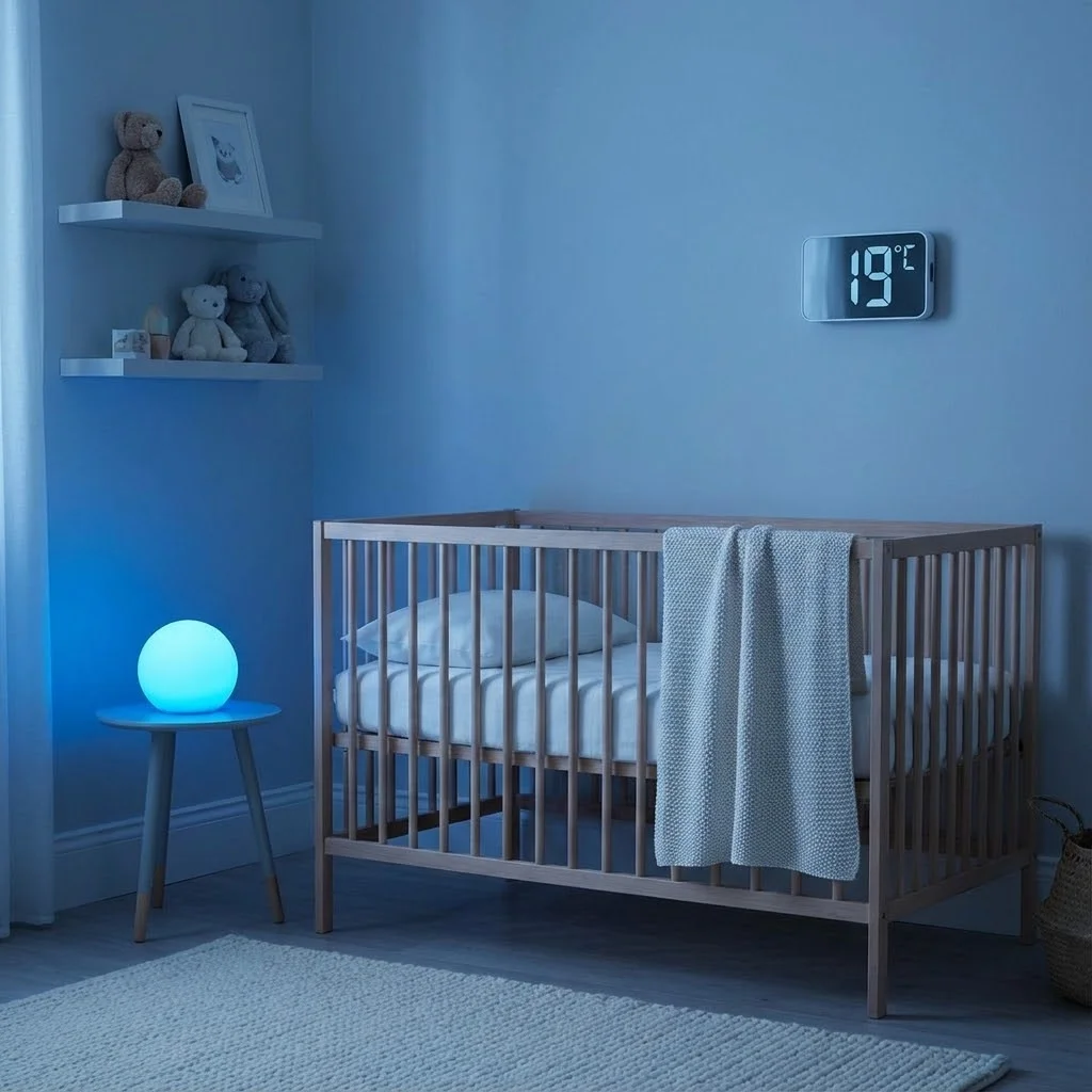 Chambre de bébé épurée et apaisante, lit avec draps blancs, veilleuse douce, température affichée à 19°C sur un thermomètre mural, lumière bleue nocturne