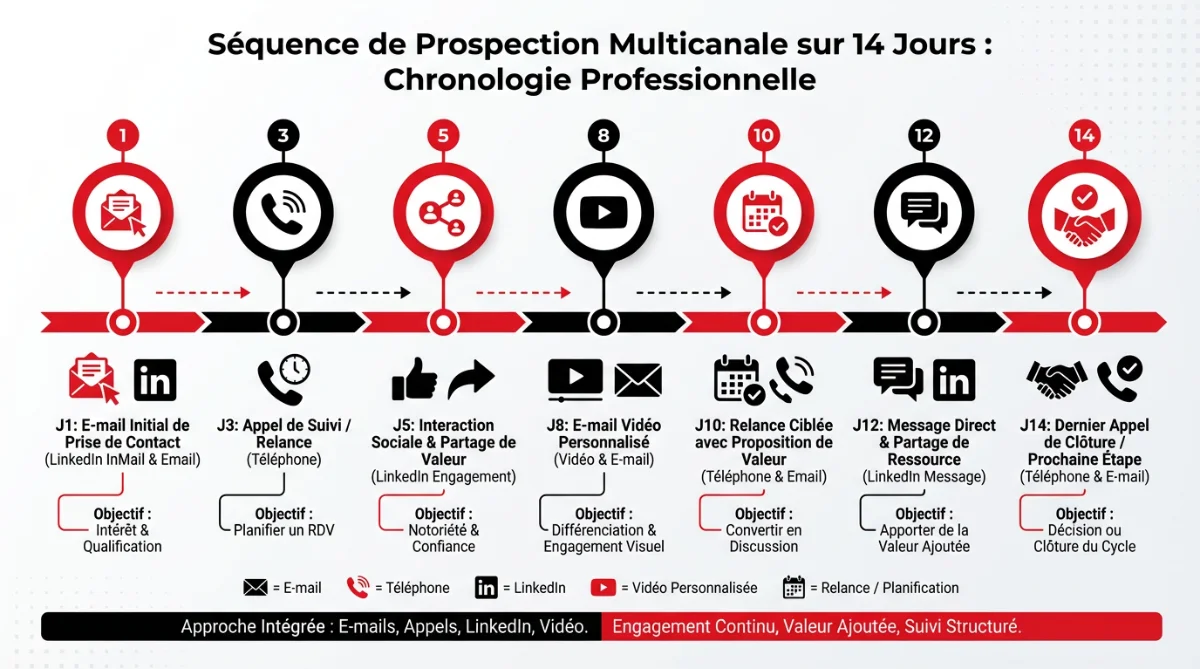 [image : Chronologie visuelle d'une séquence de prospection multicanale sur 14 jours avec différents points de contact, style timeline professionnelle]