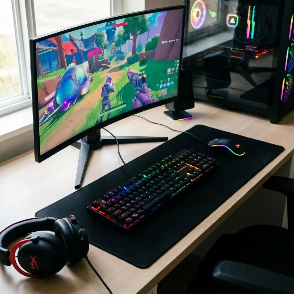 [image : clavier gamer avec rétroéclairage RGB multicolore sur un setup gaming]