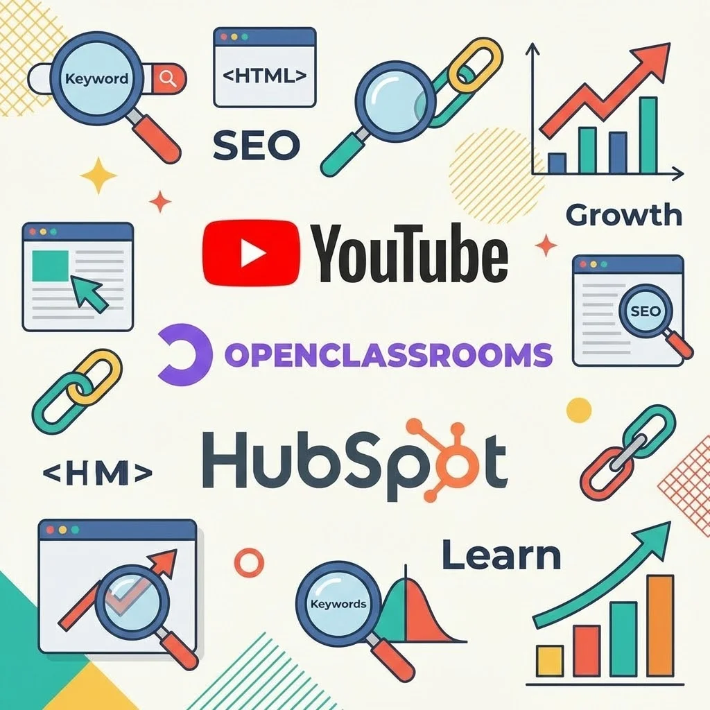 [image : Collage de logos de plateformes de formation en ligne (YouTube, OpenClassrooms, HubSpot) avec icônes SEO et graphiques de croissance - design moderne flat]
