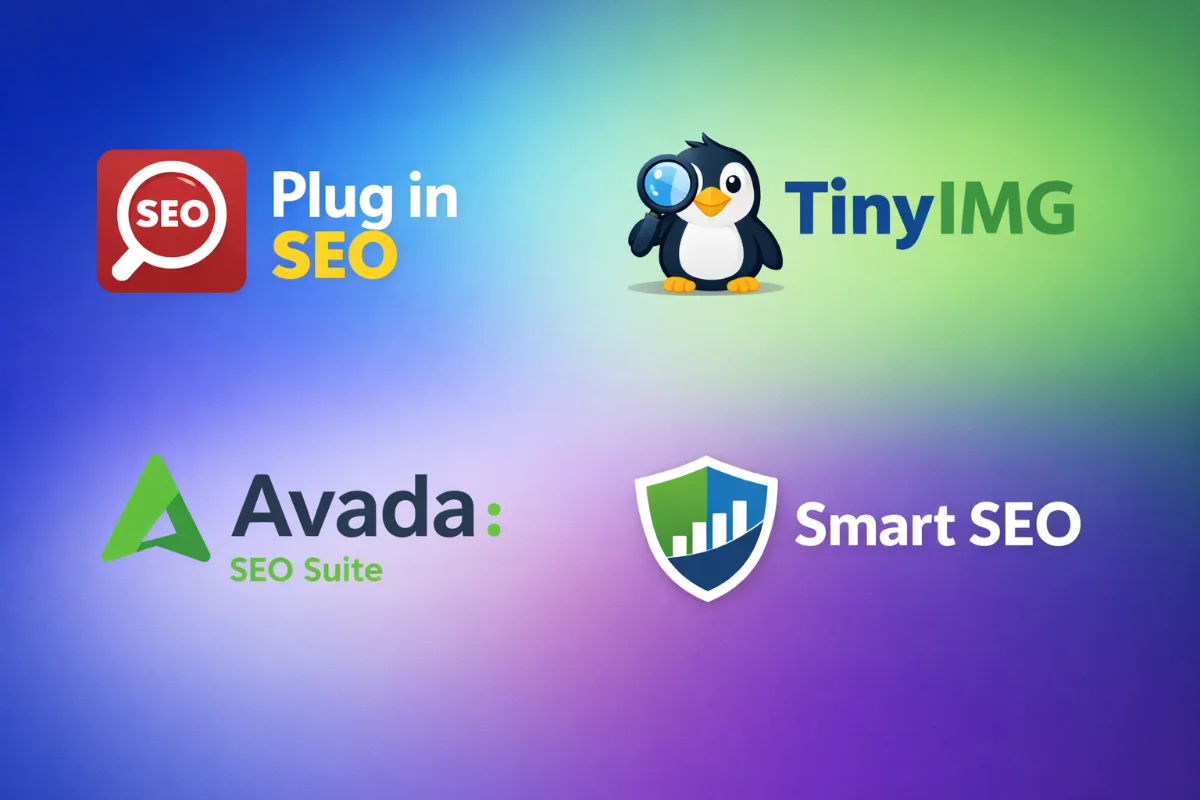 [image : Collage des logos des principales applications SEO Shopify (Plug in SEO, TinyIMG, Avada, Smart SEO) sur fond dégradé professionnel]