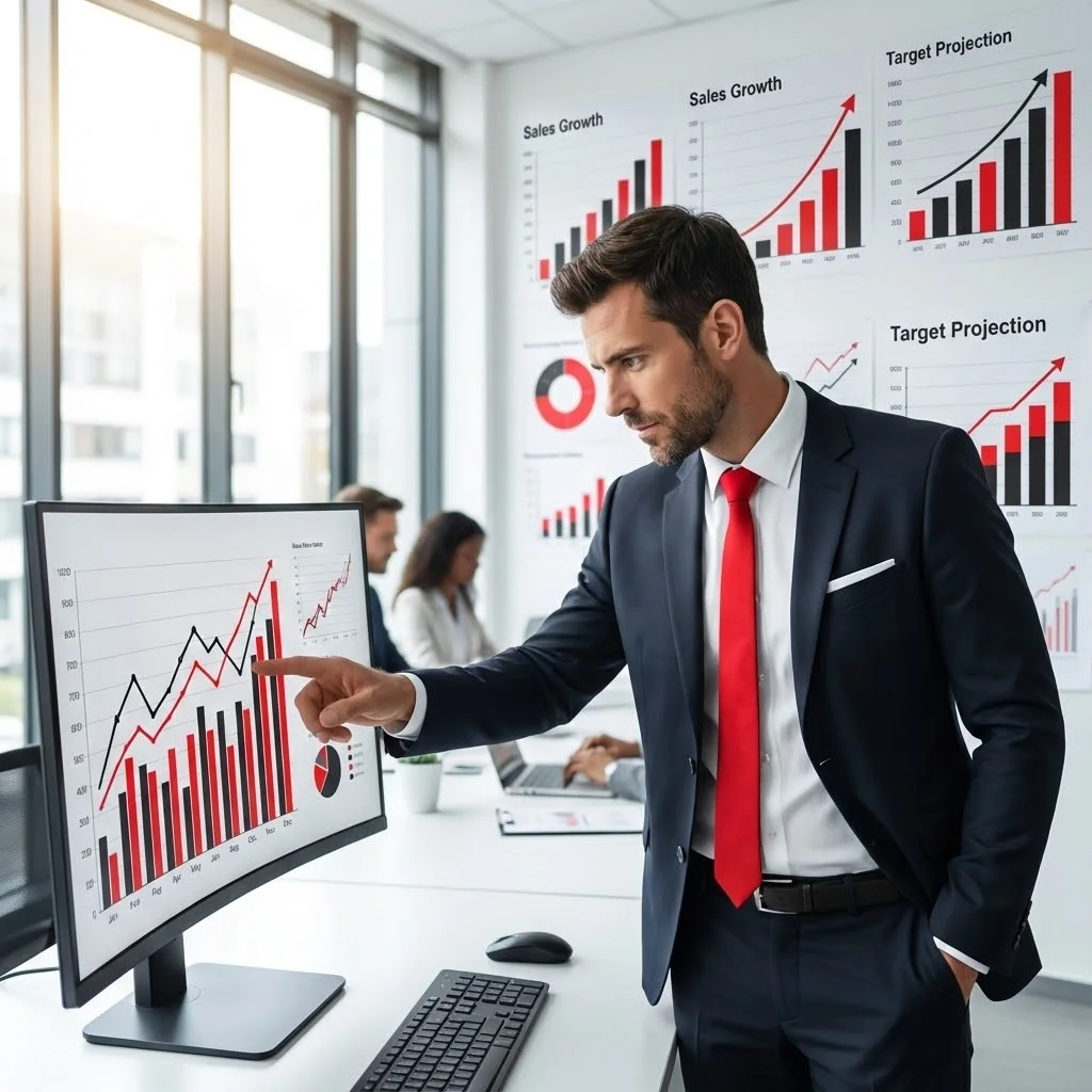 [image : Commercial en costume analysant des données sur un écran, graphiques de performance commerciale en arrière-plan, bureau moderne lumineux, style professionnel et dynamique]