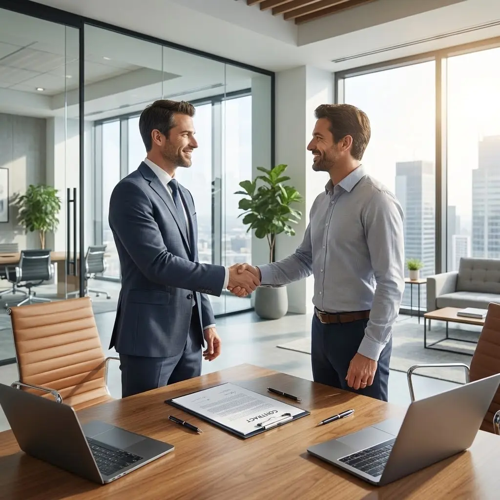 [image : Commercial en costume serrant la main d'un client dans un bureau moderne lumineux, documents de contrat sur la table, style professionnel B2B]