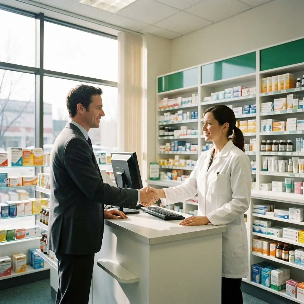 [image : Commercial en rendez-vous client dans une pharmacie, poignée de main professionnelle devant un comptoir, produits pharmaceutiques en arrière-plan, éclairage naturel, scène professionnelle]