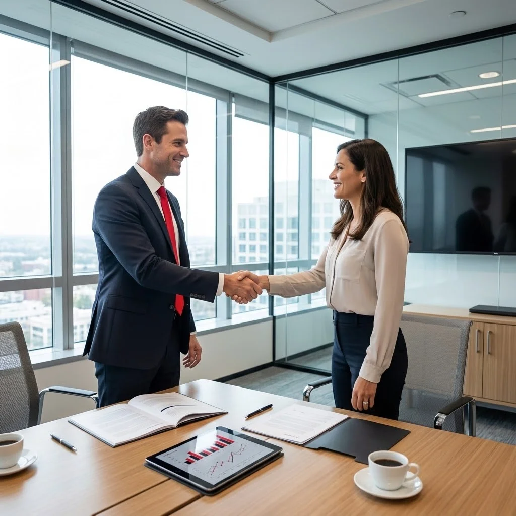 [image : Commercial en réunion avec un client potentiel dans une salle de meeting moderne, poignée de main professionnelle, documents et tablette sur la table, atmosphère de confiance]
