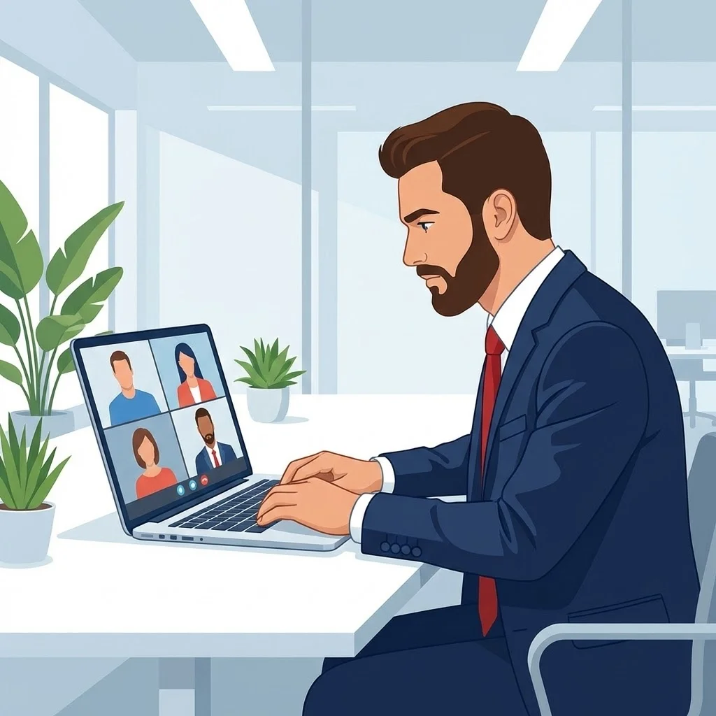 [image : Commercial en visioconférence sur ordinateur portable, environnement bureau moderne, expression concentrée professionnelle]