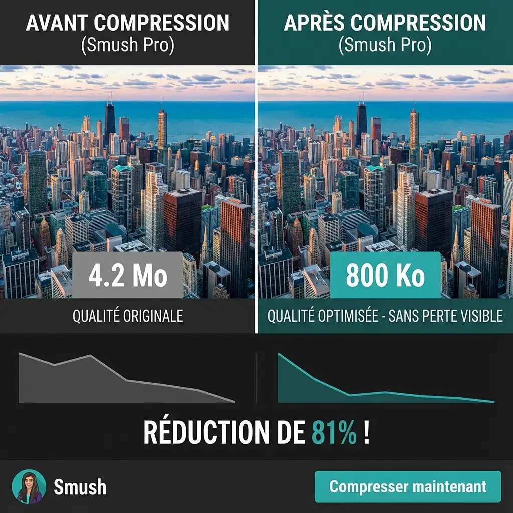[image : Comparaison avant/après compression d'un visuel avec Smush, montrant la réduction de taille et qualité préservée]